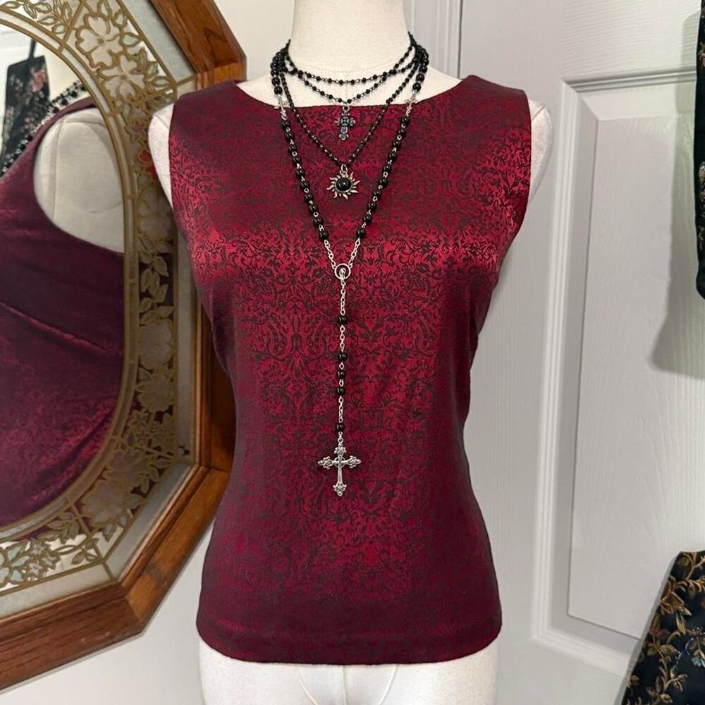 VTG Y2K AGB Byer Dark Red & Black Baroque Velvet High Neck Vampy Gothic Tank Top
